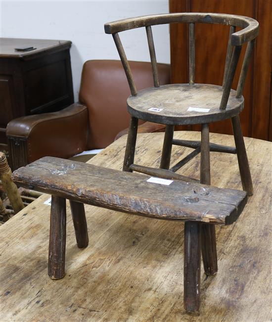 A primitive stool and a childs chair